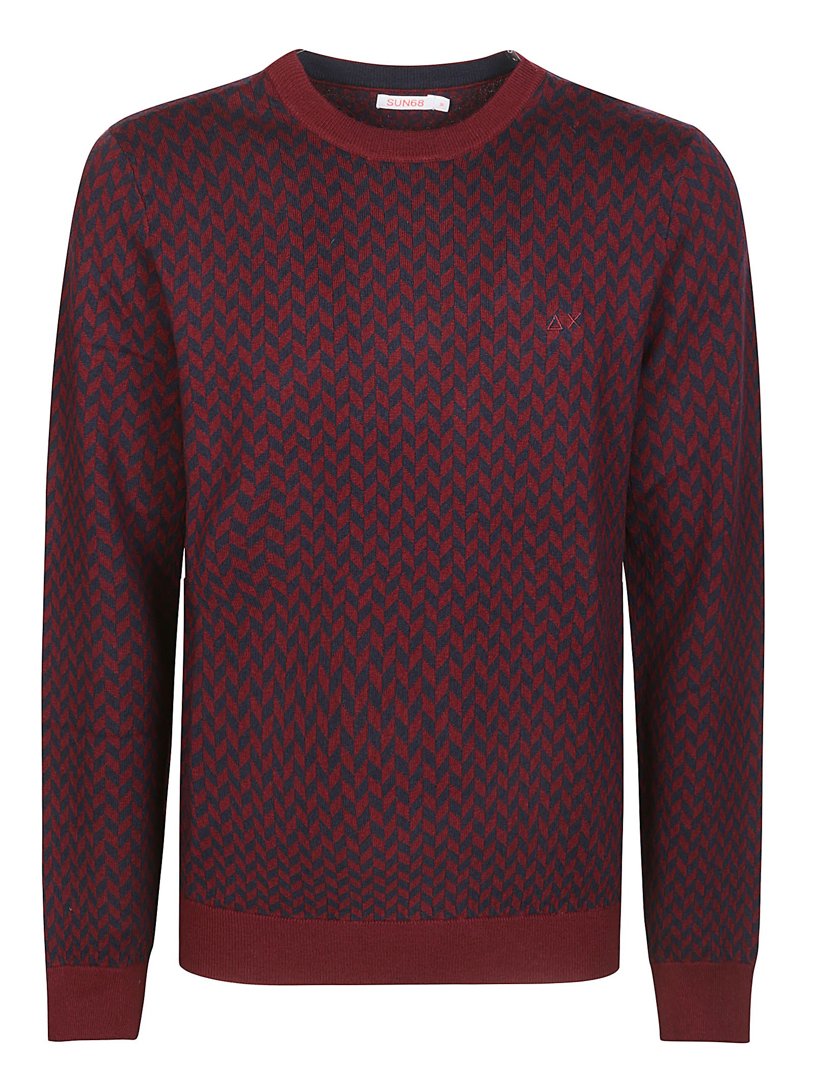 Sun 68 Textured Zigzag Knit Sweater With Crew Neckline In Bordeaux