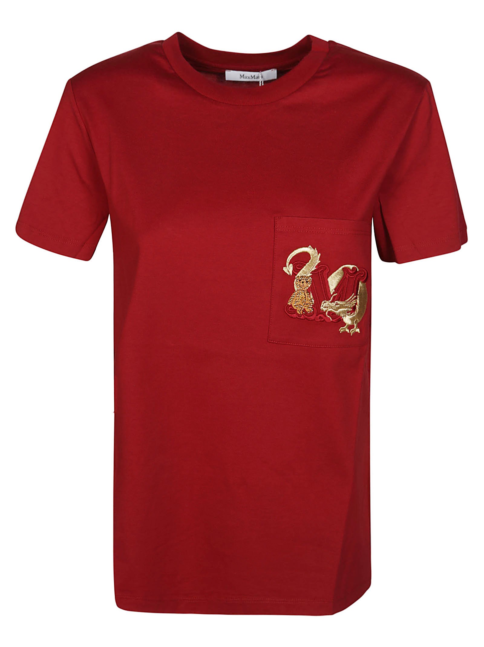 Max Mara Embroidered Dragon And Leopard Pocket T-shirt In Rosso