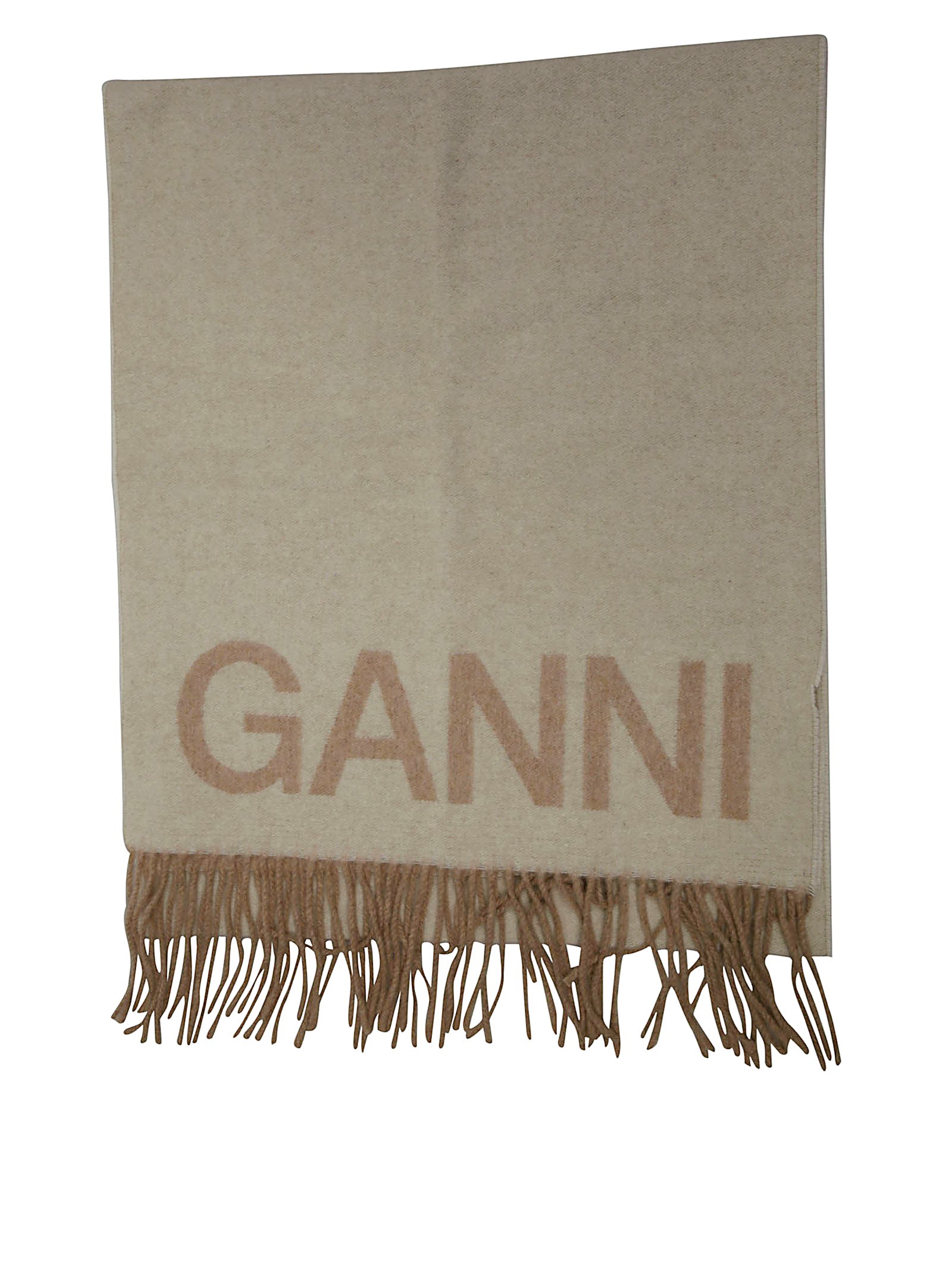 Shop Ganni Sciarpa Lana Frange Logo In Beige