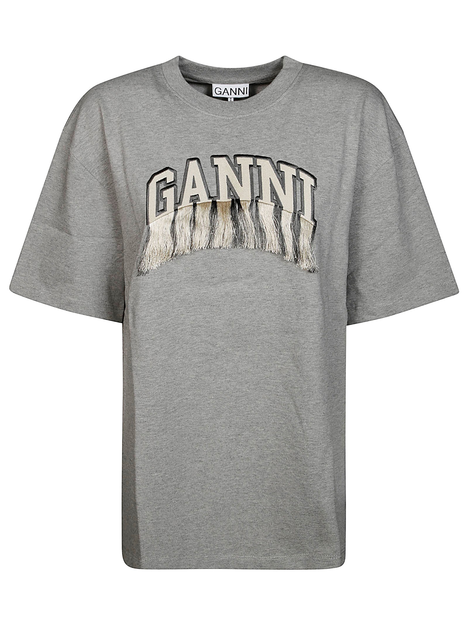 Shop Ganni T-shirt Shoulder Fringe In Gray