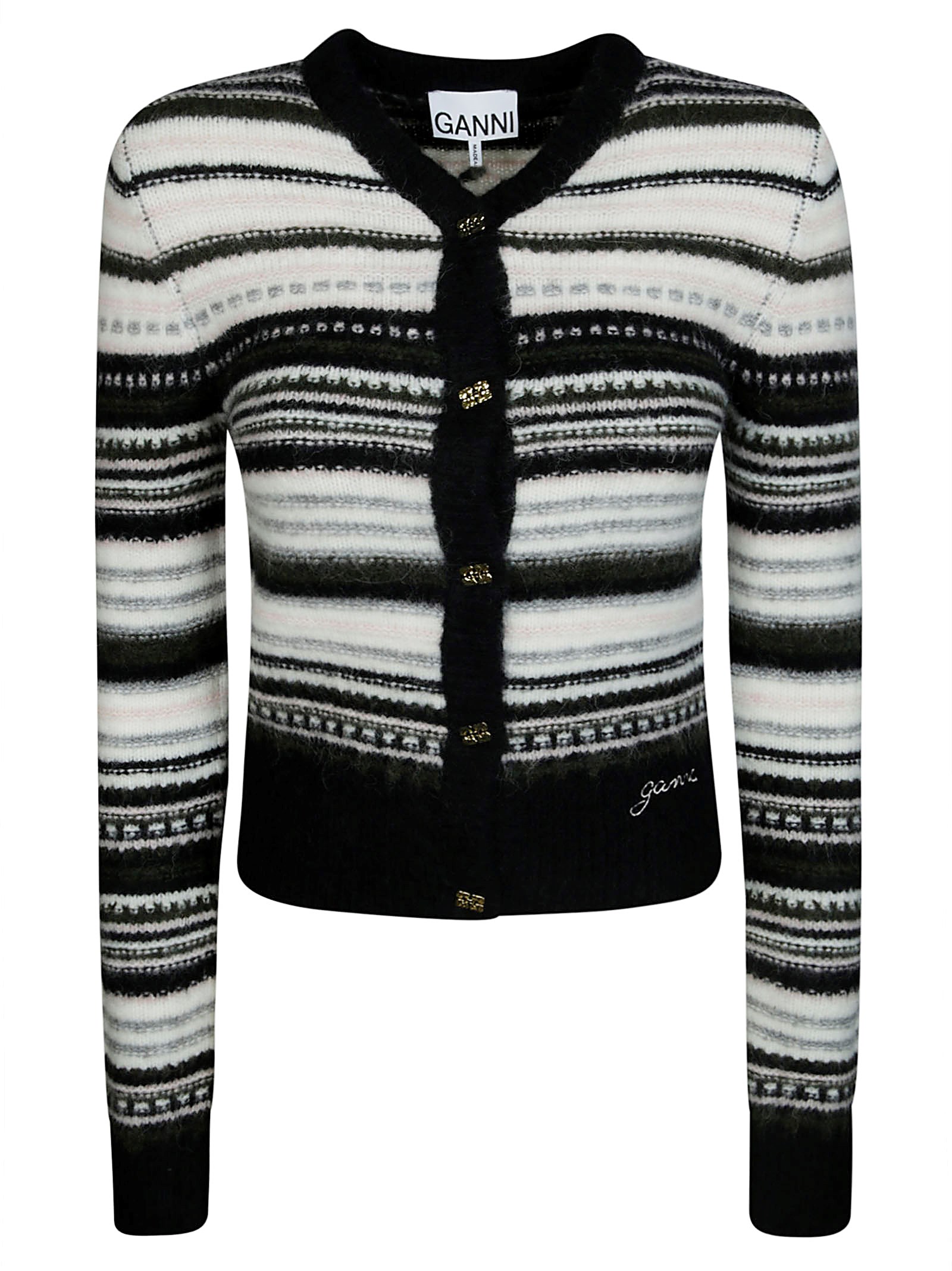 Ganni Cardigan Rigato Lana In Black