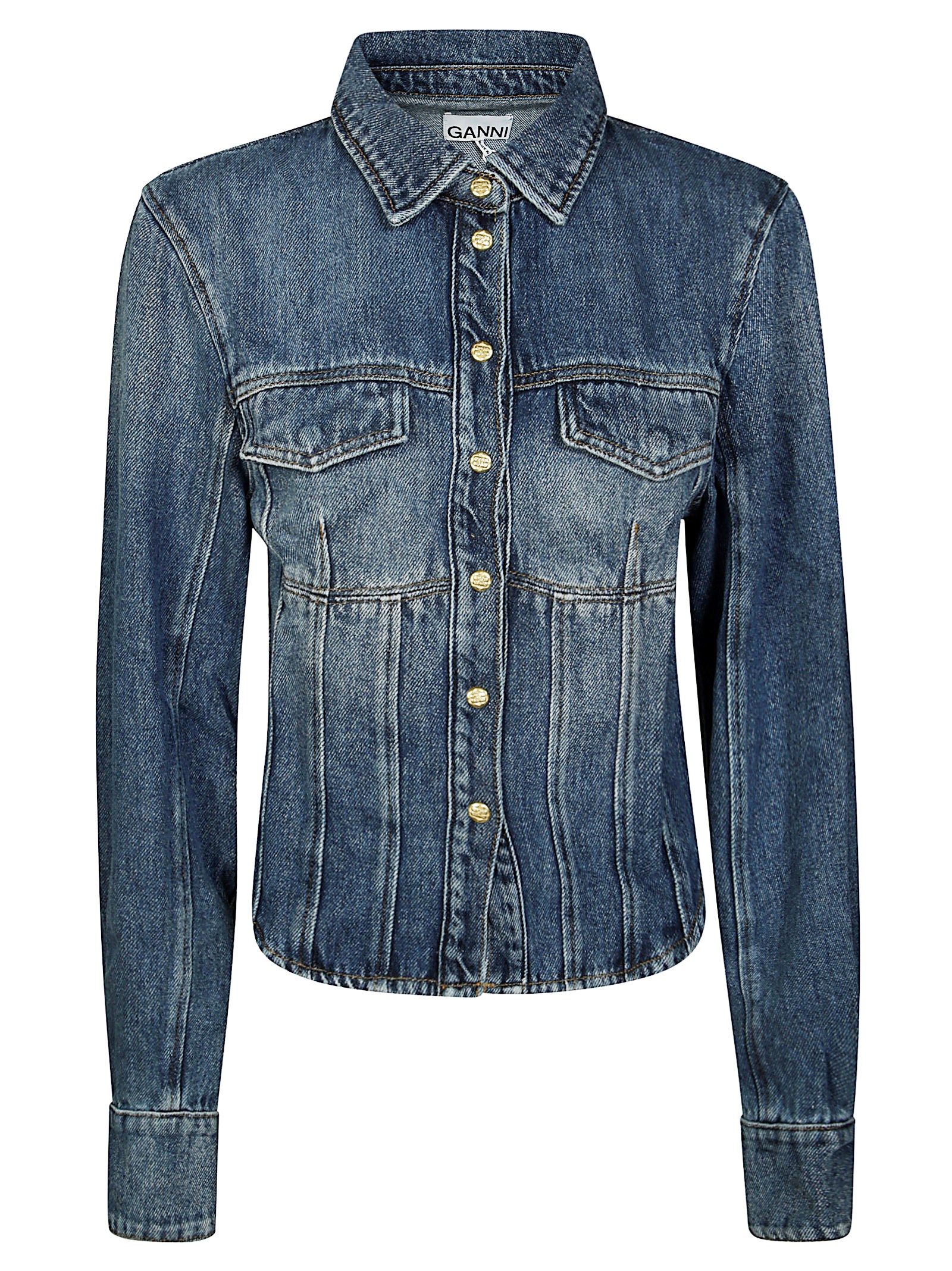 Ganni Shirt With Chest Pockets And Collar In Blue
