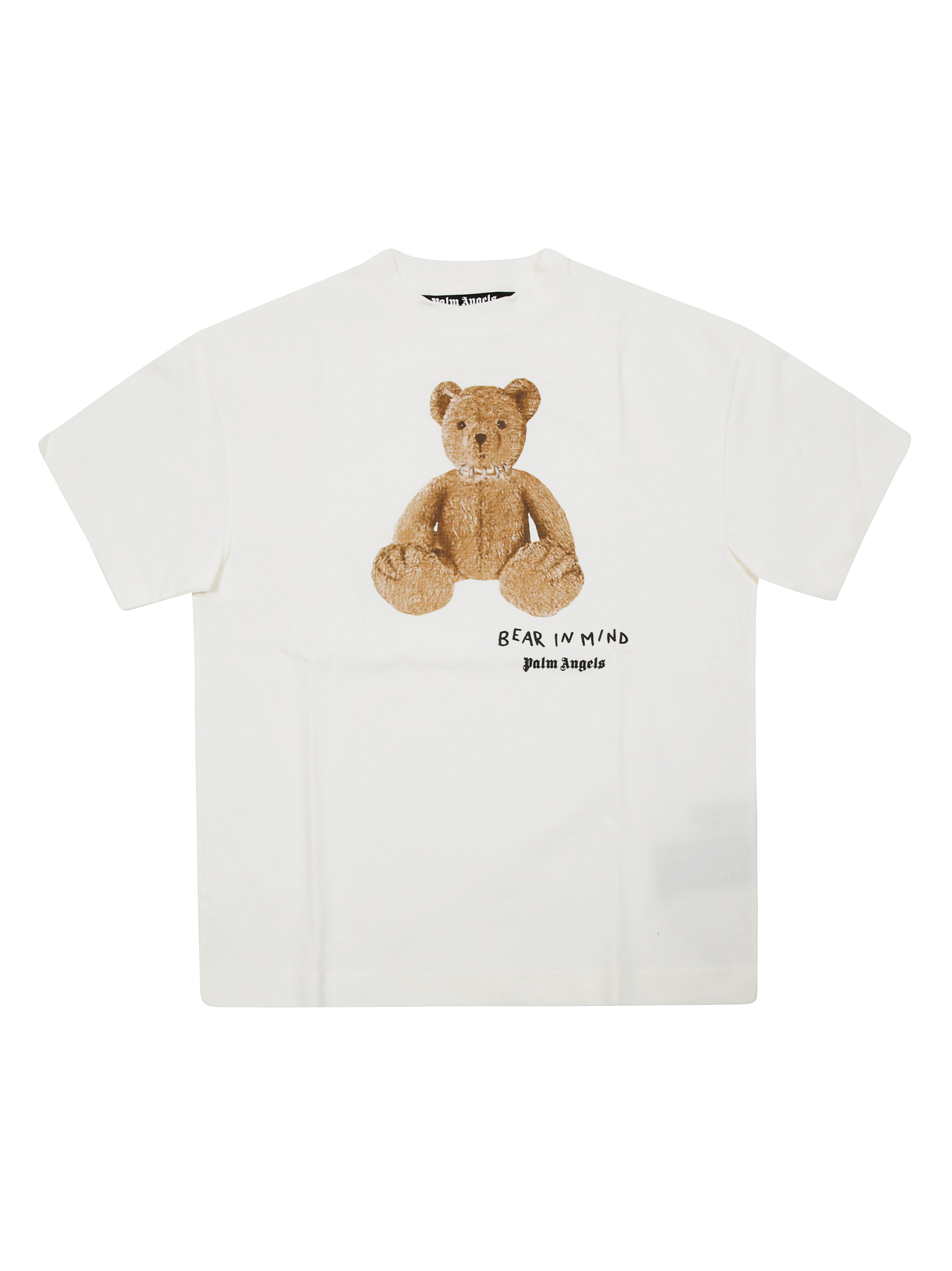 Palm Angels Bear In Mind White T-shirt With Bear Print And Logo Lettering On The Front In Cotton Man In White