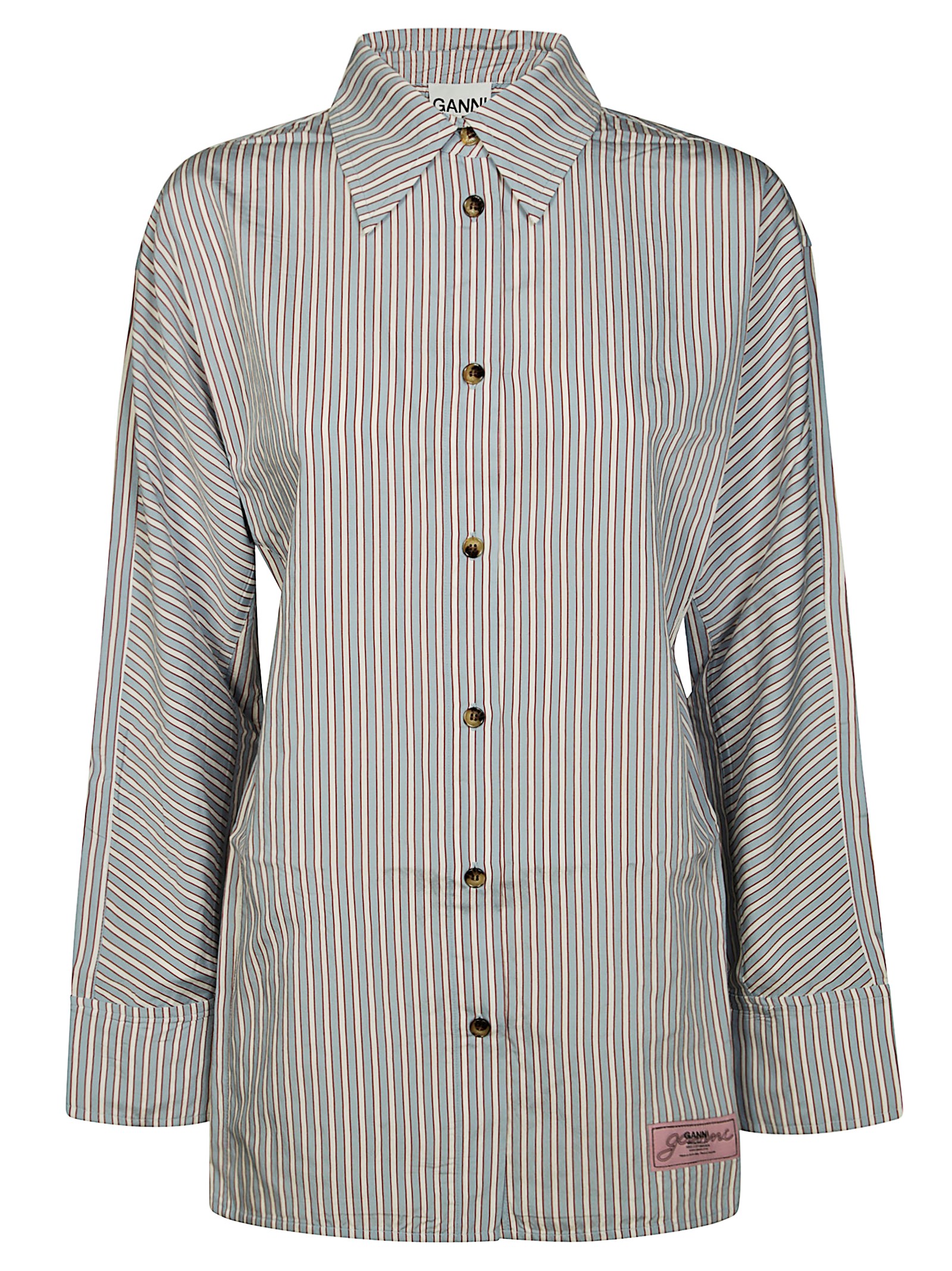 Ganni Striped Collared Shirt Long Sleeves In Gray