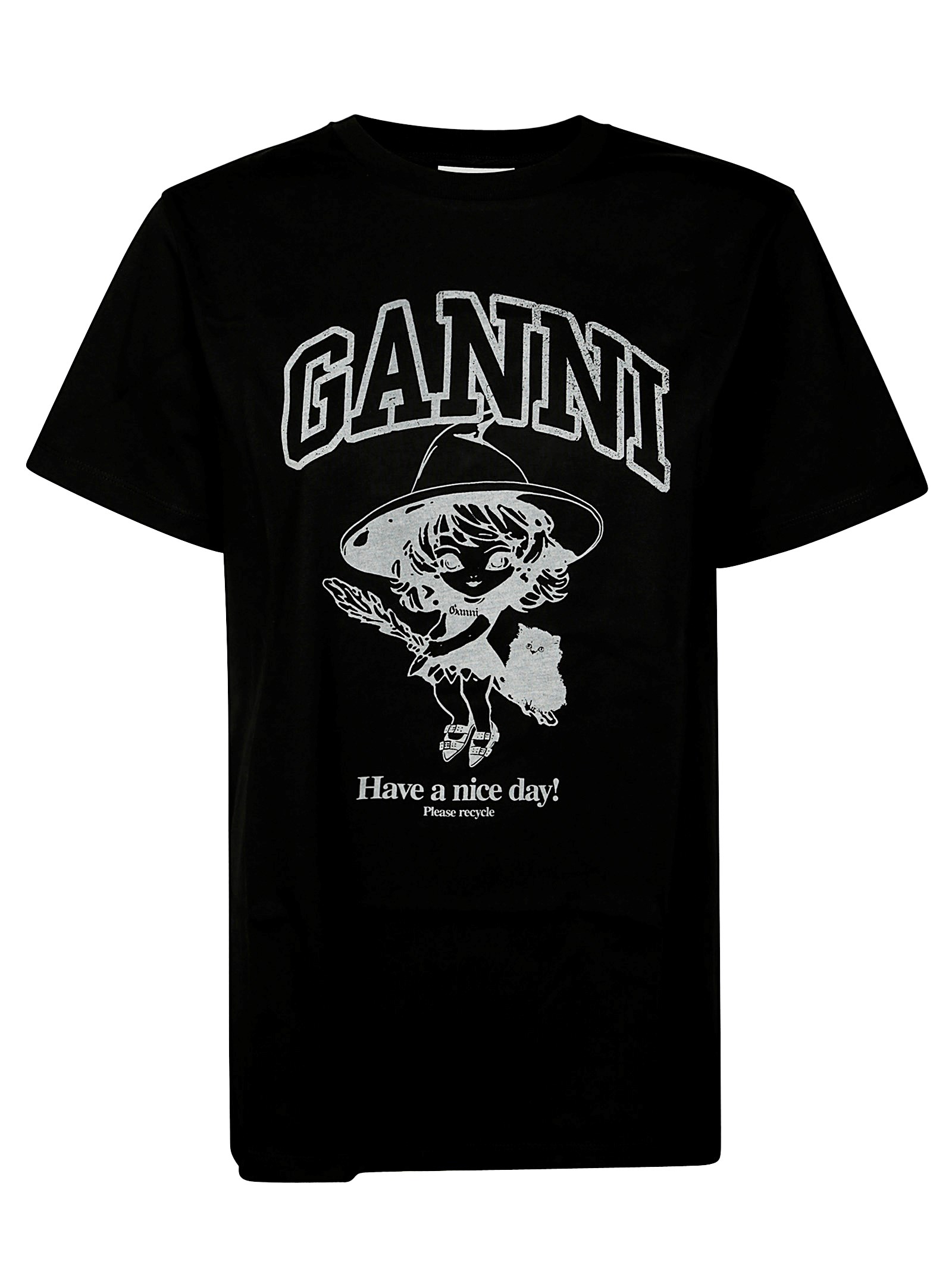 Ganni Black Crewneck T-shirt With Maxi Logo Lettering On The Front And Maxi Print On Front And Rear