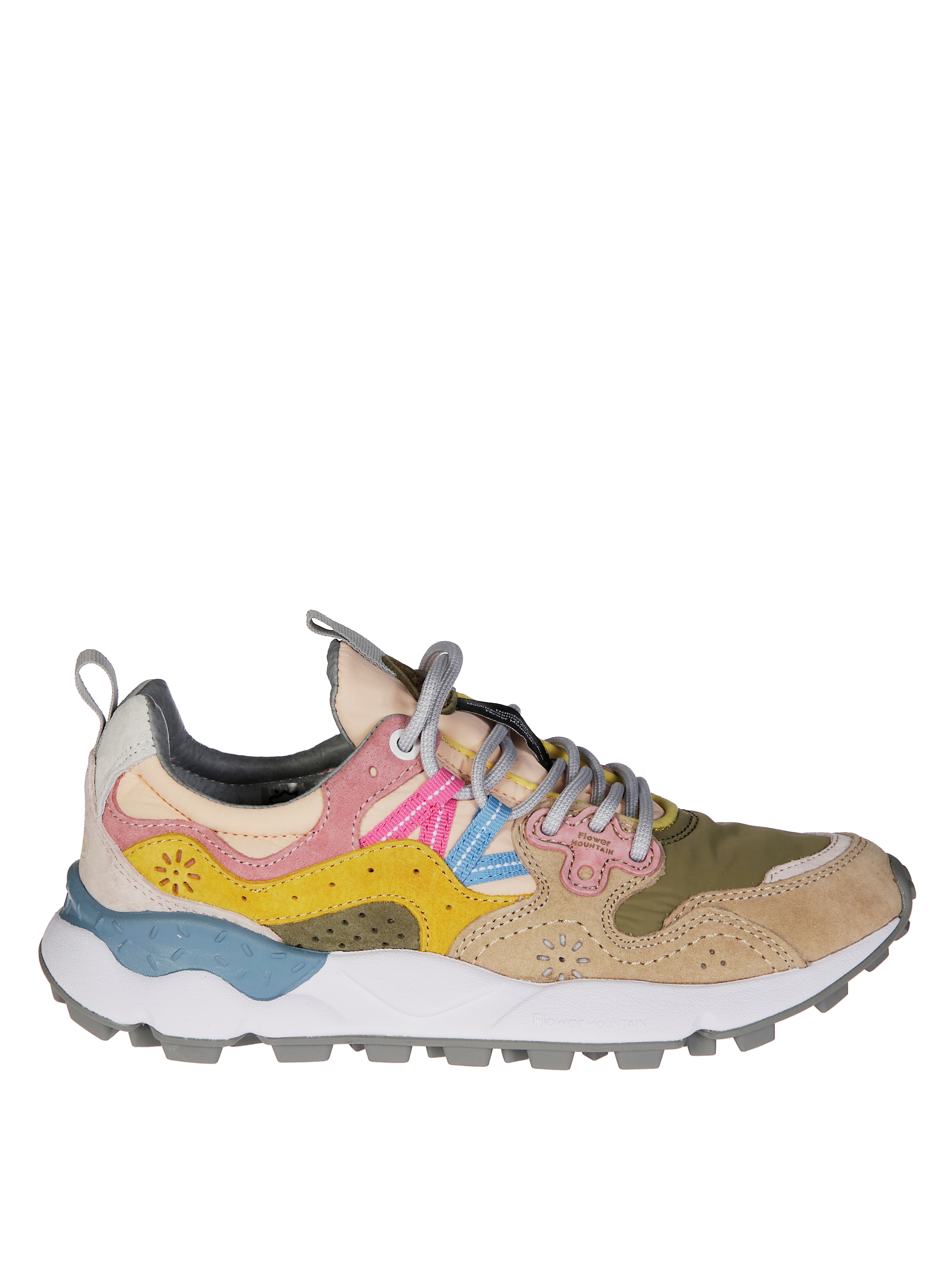 Flower Mountain Yamano In Beige Suede And Olive Green Fabric Sneakers