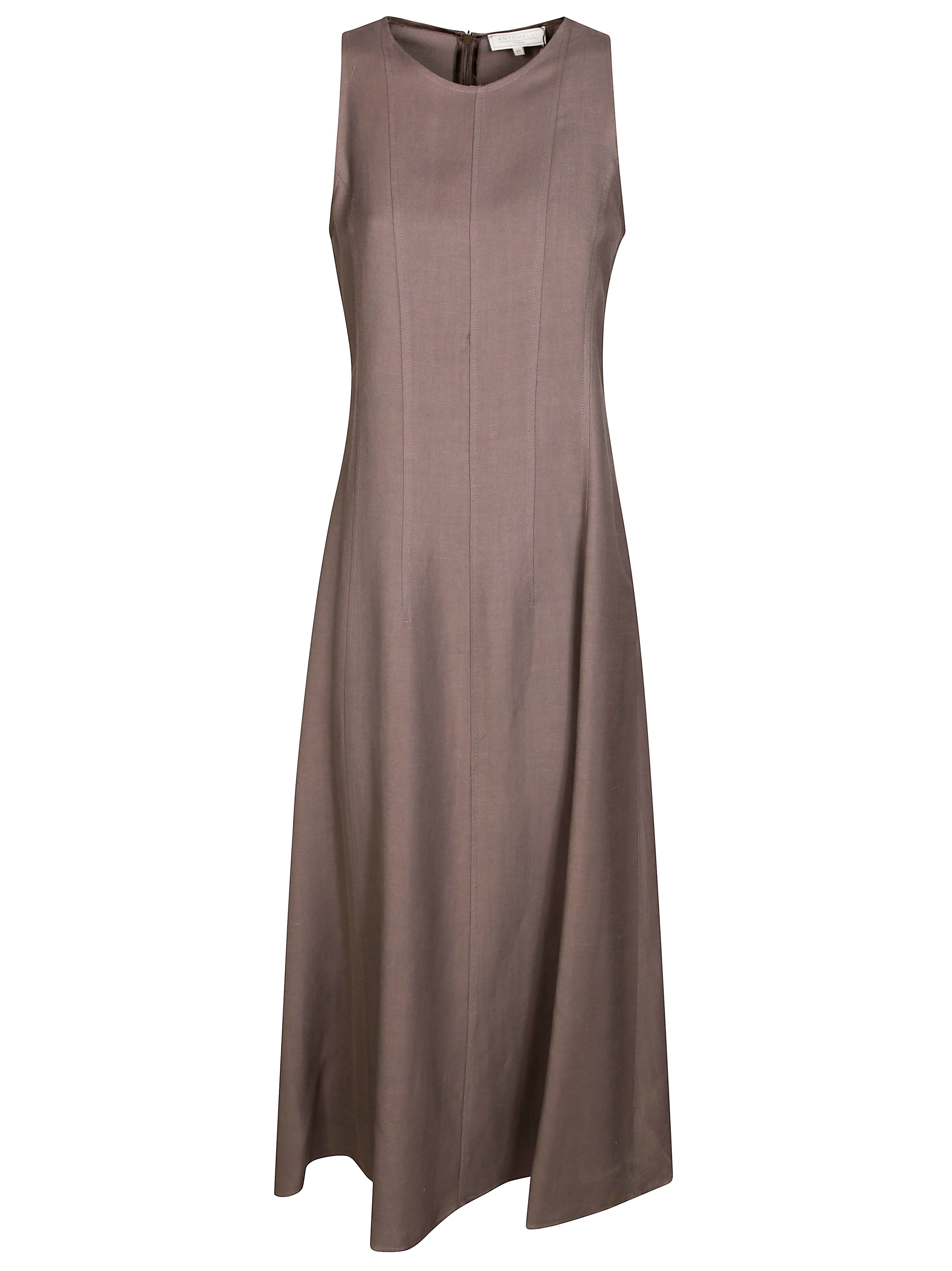 Antonelli Monsen Brown Long Dress With Crew Neck Hidden Back Closure In Viscose And Linen Blend Woman In Brown