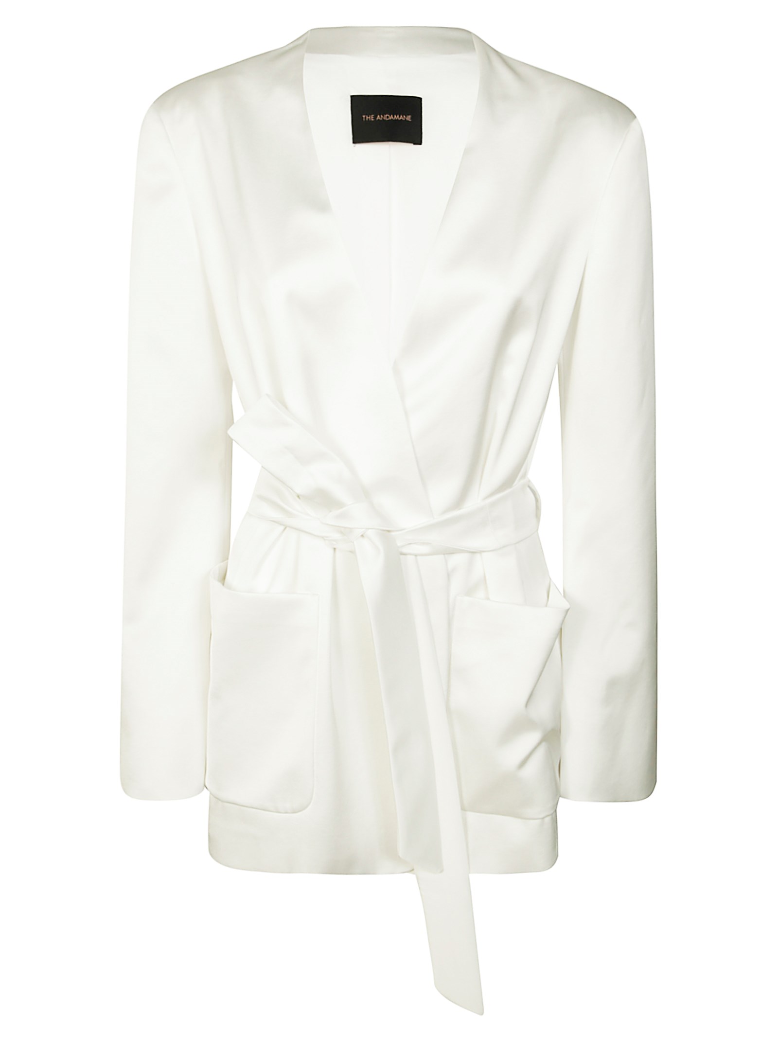 The Andamane Waist Belted Satin Finish Blazer In White